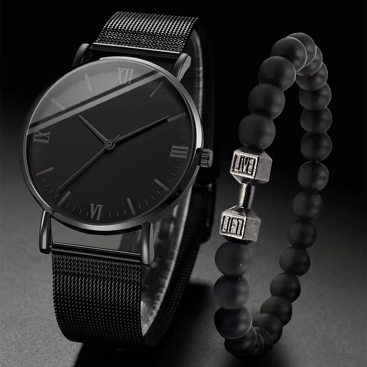 2PCS Men's Watch Fashion Roma Quartz Watches Steel Mesh Band Wristwatches Bracelet Set