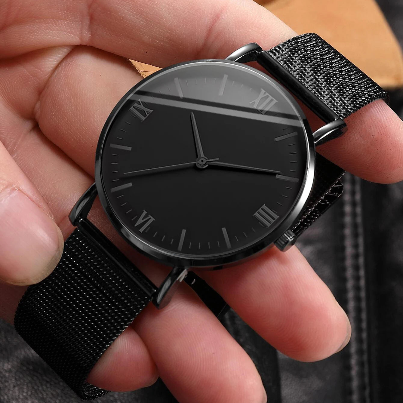 2PCS Men's Watch Fashion Roma Quartz Watches Steel Mesh Band Wristwatches Bracelet Set