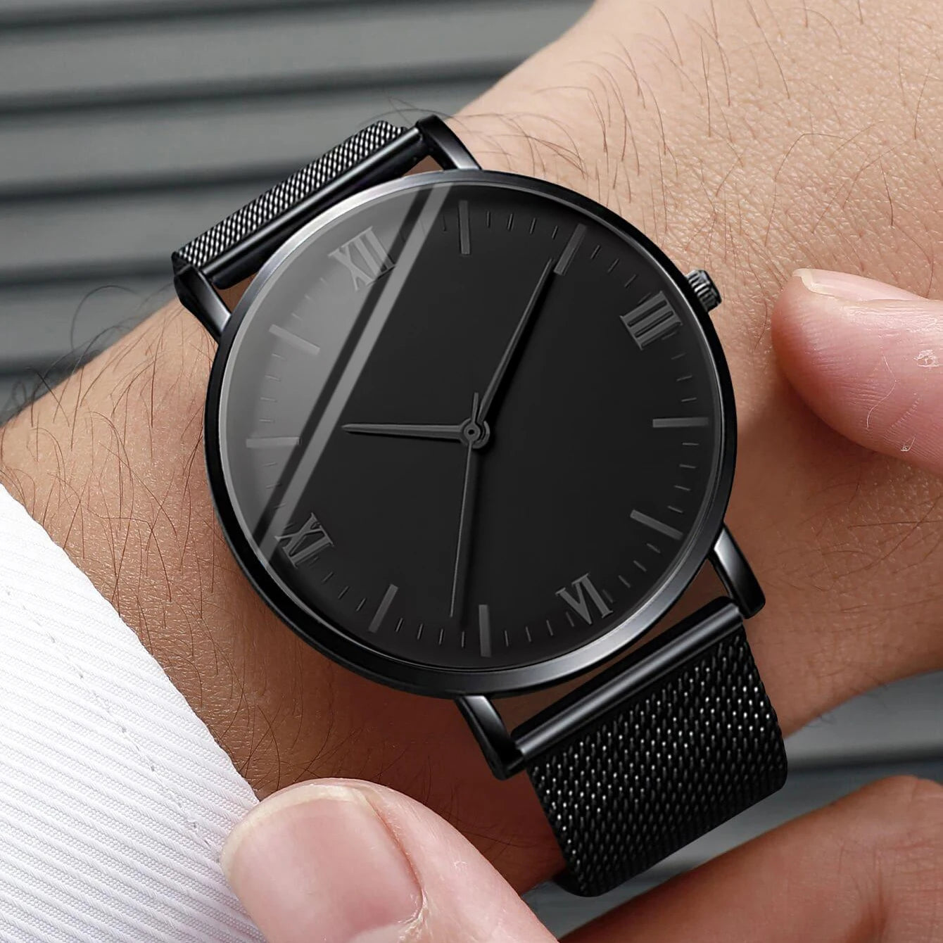 2PCS Men's Watch Fashion Roma Quartz Watches Steel Mesh Band Wristwatches Bracelet Set