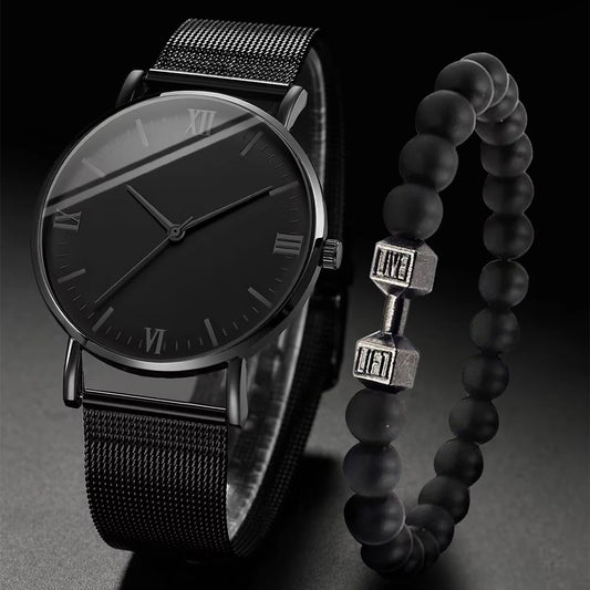 2PCS Men's Watch Fashion Roma Quartz Watches Steel Mesh Band Wristwatches Bracelet Set