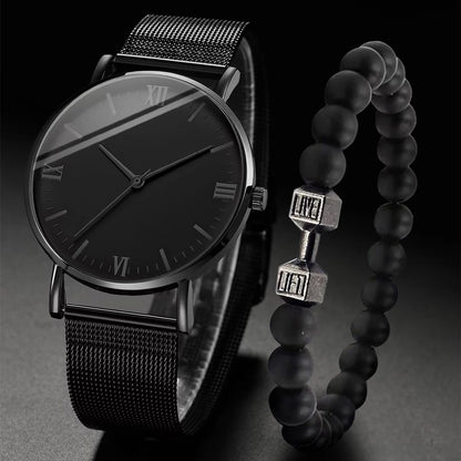2PCS Men's Watch Fashion Roma Quartz Watches Steel Mesh Band Wristwatches Bracelet Set