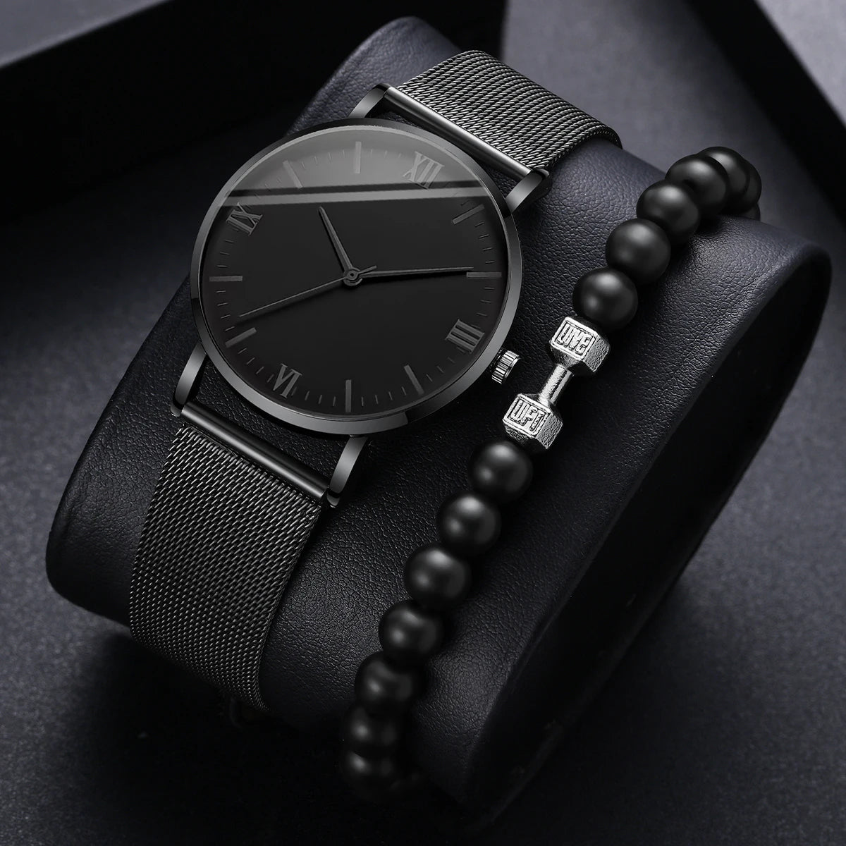 2PCS Men's Watch Fashion Roma Quartz Watches Steel Mesh Band Wristwatches Bracelet Set