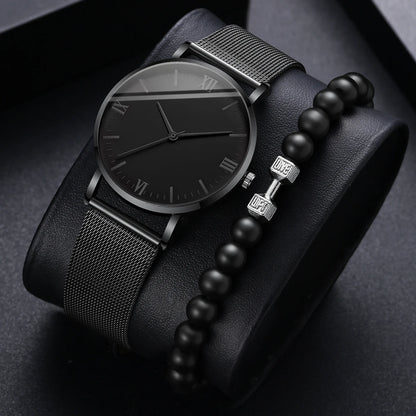 2PCS Men's Watch Fashion Roma Quartz Watches Steel Mesh Band Wristwatches Bracelet Set
