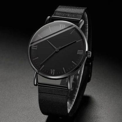 2PCS Men's Watch Fashion Roma Quartz Watches Steel Mesh Band Wristwatches Bracelet Set